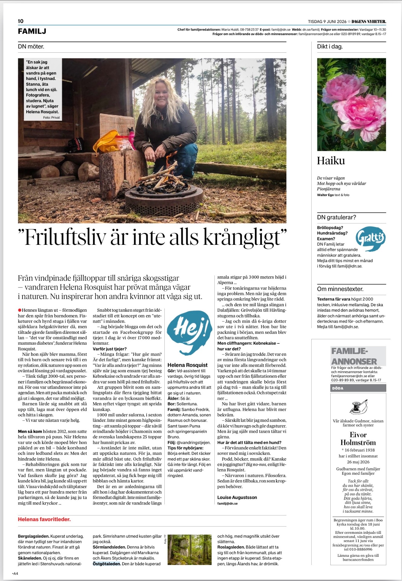 Kvinna sitter vid öppen lägereld i skog, med text och rubriker i tidningslayout.